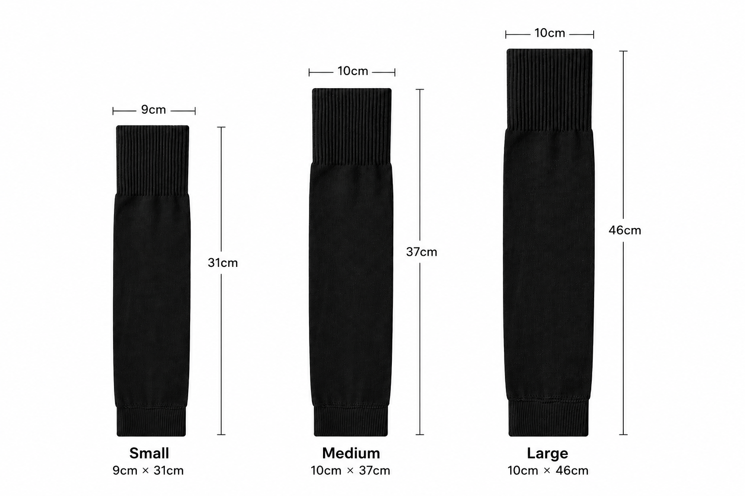 Sock Sleeve size comparison - Small 9×31 cm, Medium 10×37 cm, Large 10×46 cm